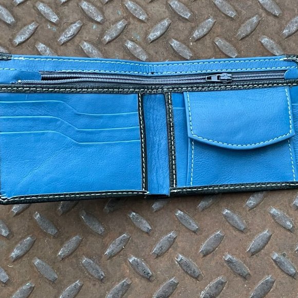 Men Wallet Blue/Black Genuine Leather Bifold Handmade Card Holder Billfold Han - Picture 1 of 9